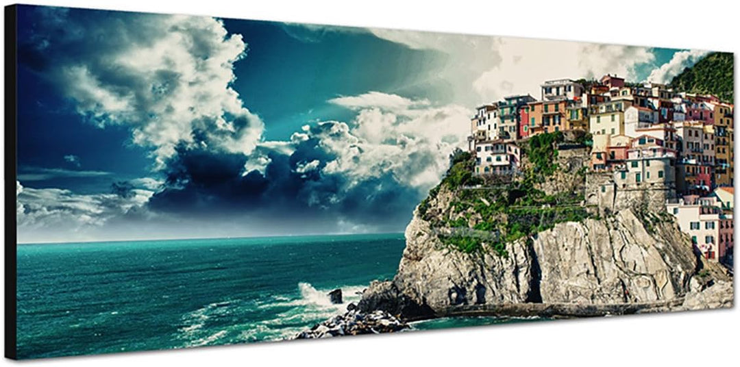 Paul Sinus Art Panoramabild auf Leinwand und Keilrahmen 150x50cm Italien Küstenstadt Meer Sonnenstra