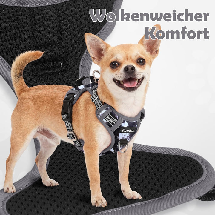 Funfox Hundegeschirr Kleine Hunde [S] - Anti Zug Welpengeschirr mit Griff &amp; Ringreflektoren, Atmungs