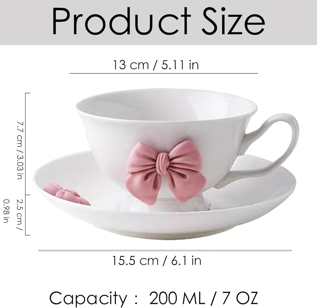 200 ML Kaffeetassen Set mit Untertasse Cute Mug Dunkelrosa Schleife Kaffeebecher Keramik Tasse mit S