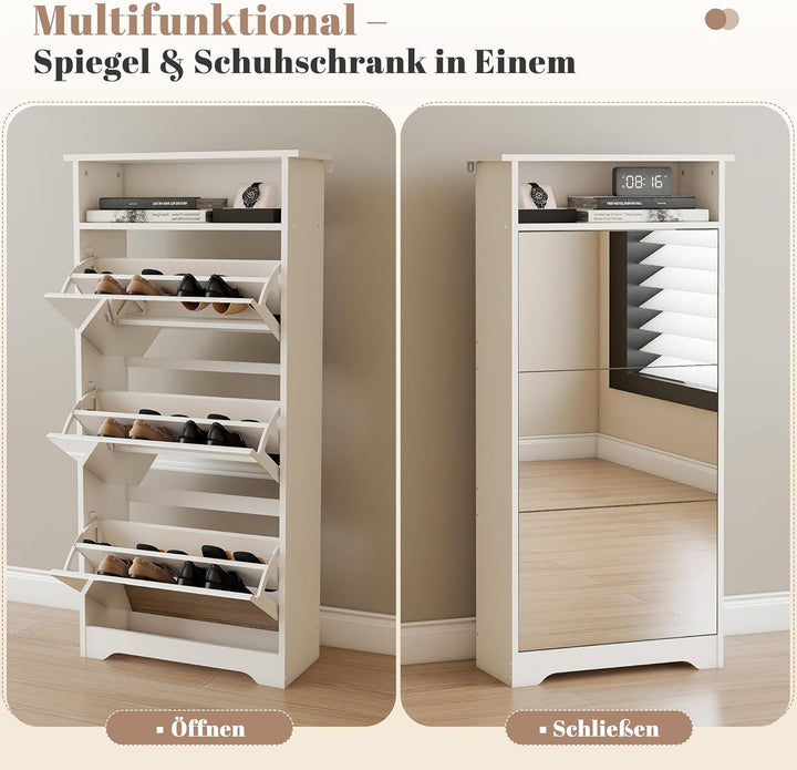 Spiegelschuhschrank mit 3 Klappfächern, Schmales Schuhaufbewahrungs-Schrank mit Spiegeltür, Freisteh