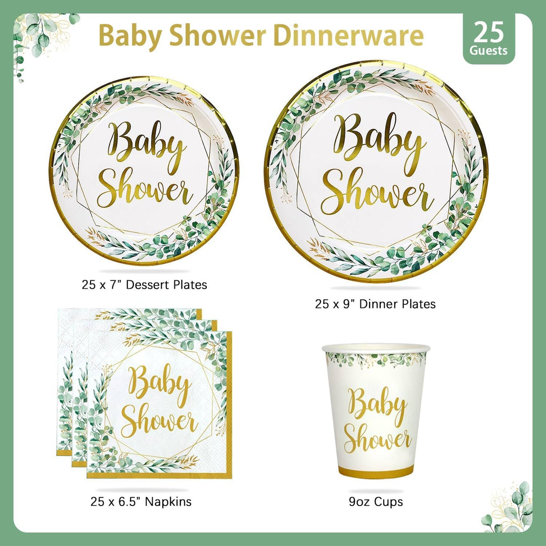 Babyparty Deko Neutral Partygeschirr Set für 25 Personen, 100 Stück Grün Gold wiederverwendbare Kart