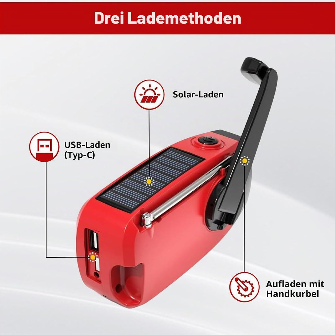 Notfall-Solarradio, Selbstbetriebenes Kurbelradio mit LED Taschenlampe, SOS-Alarm, AM/FM/WB, 2000mAh