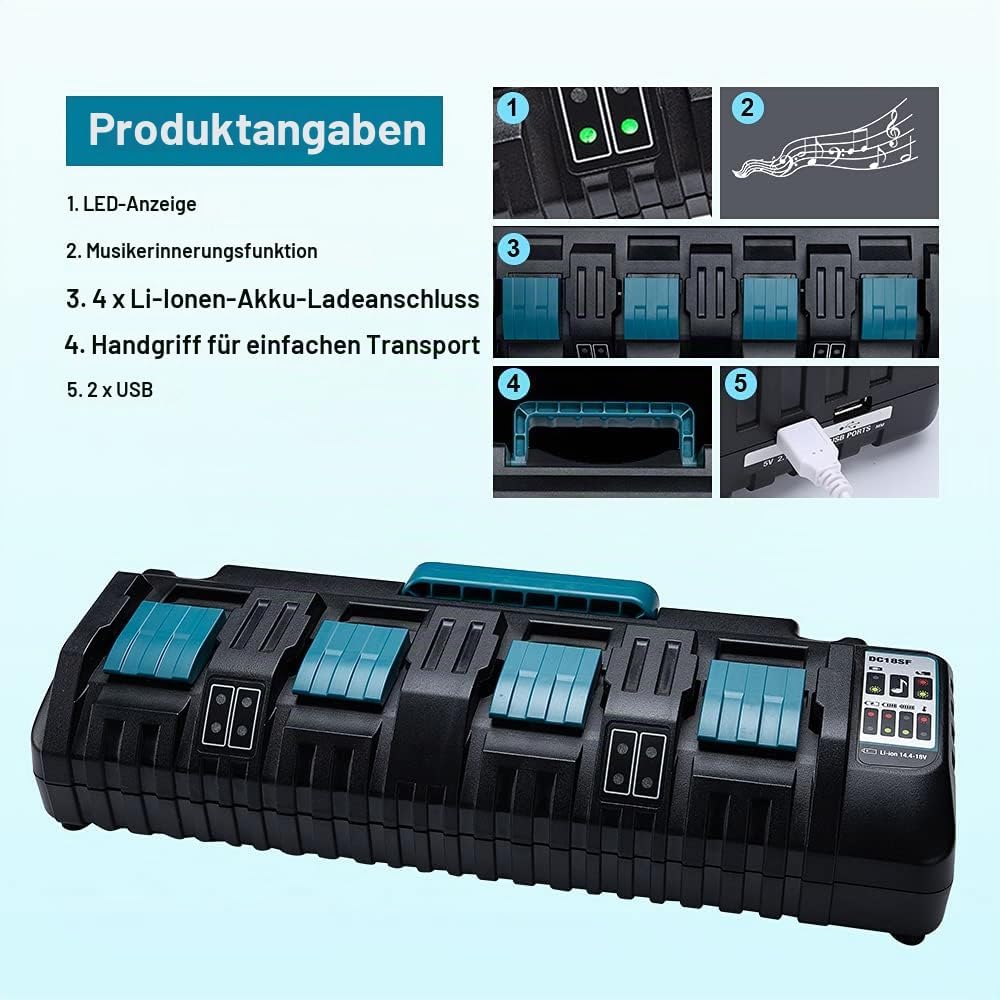 Hipoke DC18SF 4-Port Lithium-Ladegerät Kompatibel mit Makita 14,4V 18V 20V Akku BL1430 BL1450 BL1440