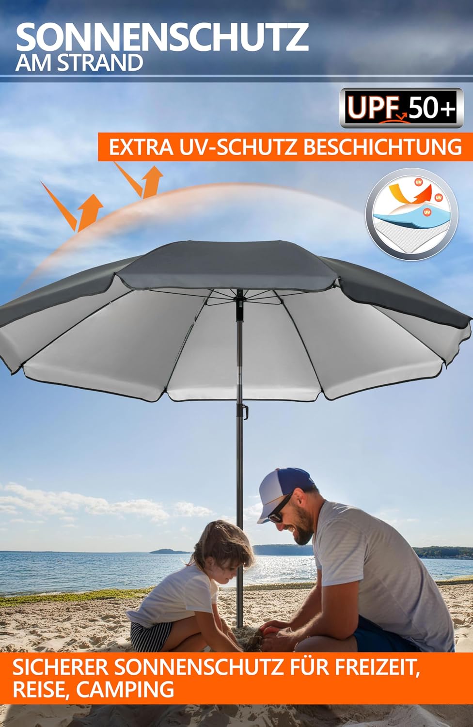4smile Sonnenschirm Strand Ø 200 cm, Anthrazit | UPF 50+ Strandschirm, sicherer Sonnenschutz Strand,