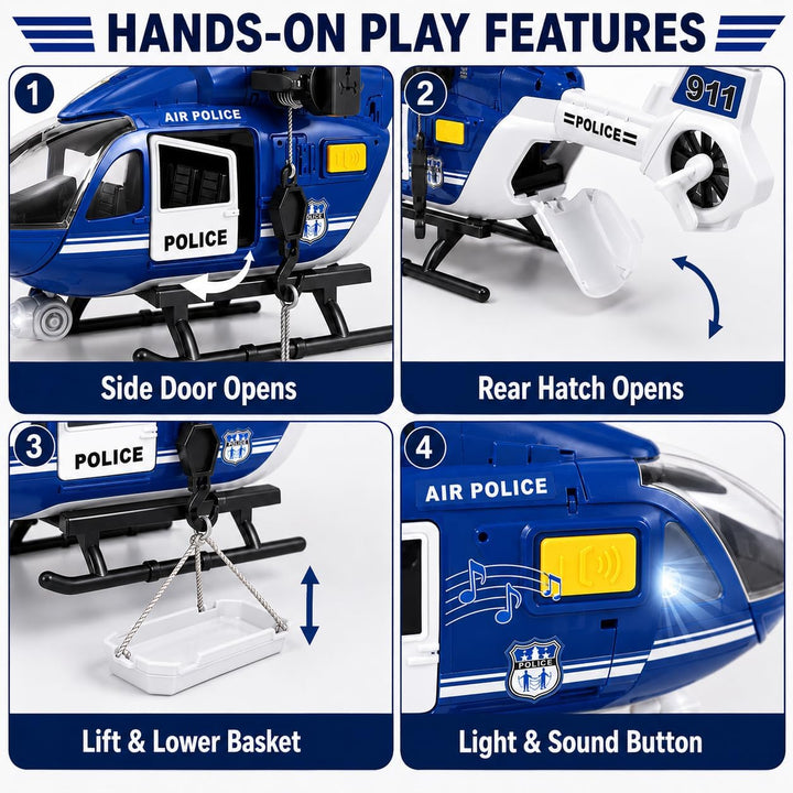 Rescue Helicopter Toy with Lights and Sounds,Emergency Crane Toy with Hanging Tray, Kids Toys for 3
