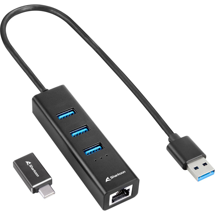 Sharkoon 3-Port USB 3.2 GEN 1 Aluminium Hub, RJ45 Ethernet Adapter, Schwarz