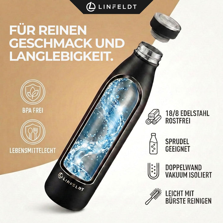 LINFELDT 1L Trinkflasche Edelstahl Isoliert 24H Auslaufsicher + Sprudel - 1000ml Wasserflasche geign