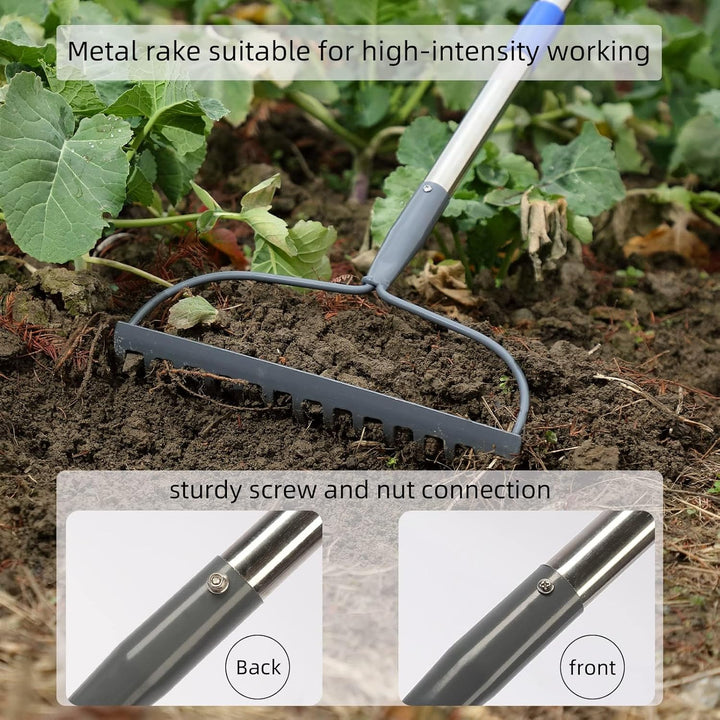 Gartenrechen 14 Zinken, Bogenrechen Metall Schwerlast aus Edelstahl mit Stiel 152 cm, Robuster Laubr