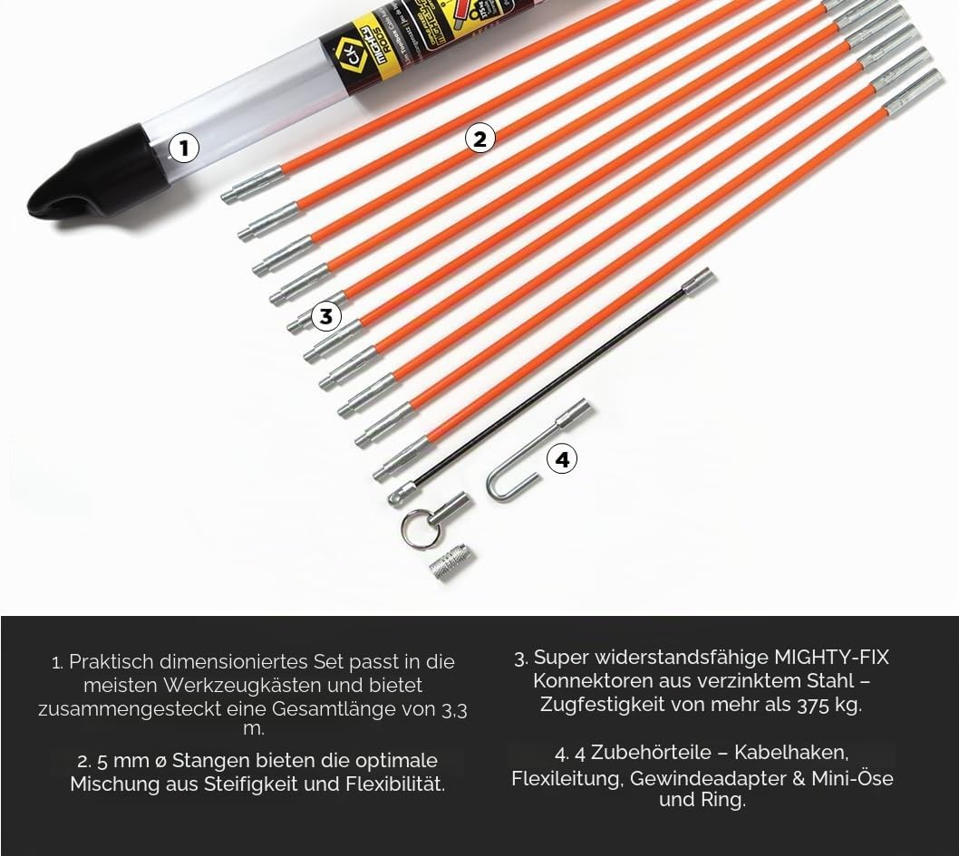 C.K Einziehstangen Mighty Rod | 3,3 Meter | Hohe Zugfestigkeit | Problemlose Kabelführung | Optimale
