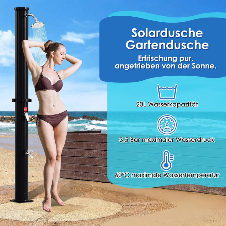 Solardusche 20L Solar Gartendusche mit 360°Regenduschkopf und Wasserhahn, Warmes Wasser Max. 60℃, oh