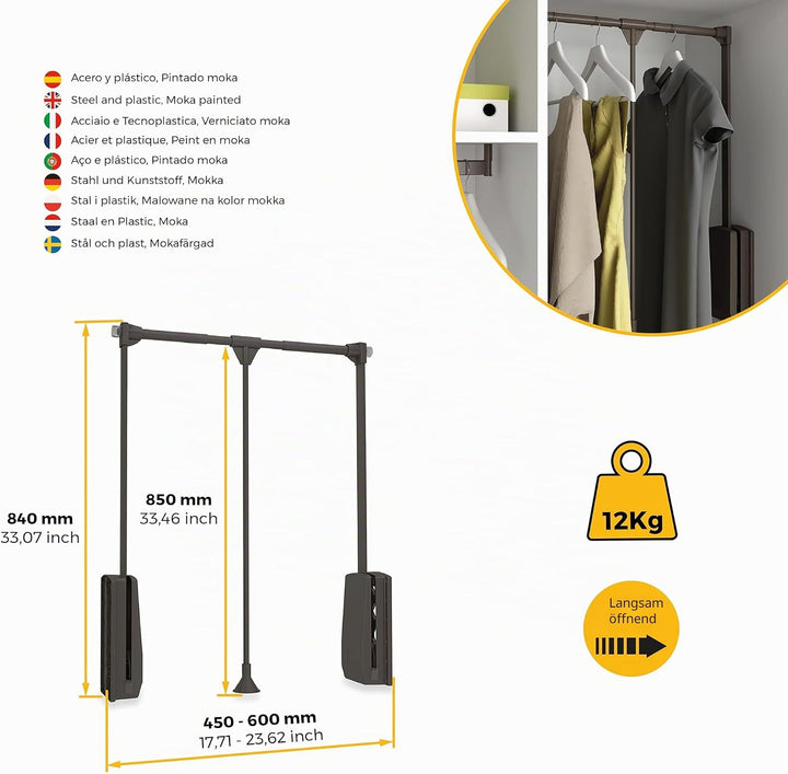 Emuca - Kleiderlift für Schrank, Ausziehbarer Kleiderlift 450-600mm Breite, Schrankinnenseiten Monta