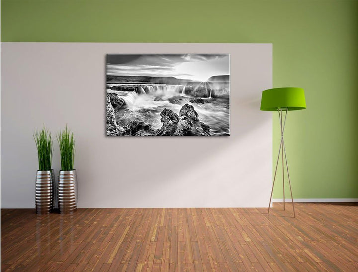 Pixxprint Monocrome, Idyllische Wasserfälle bei Sonnenuntergang, Format: 100x70 auf Leinwand, 100x70