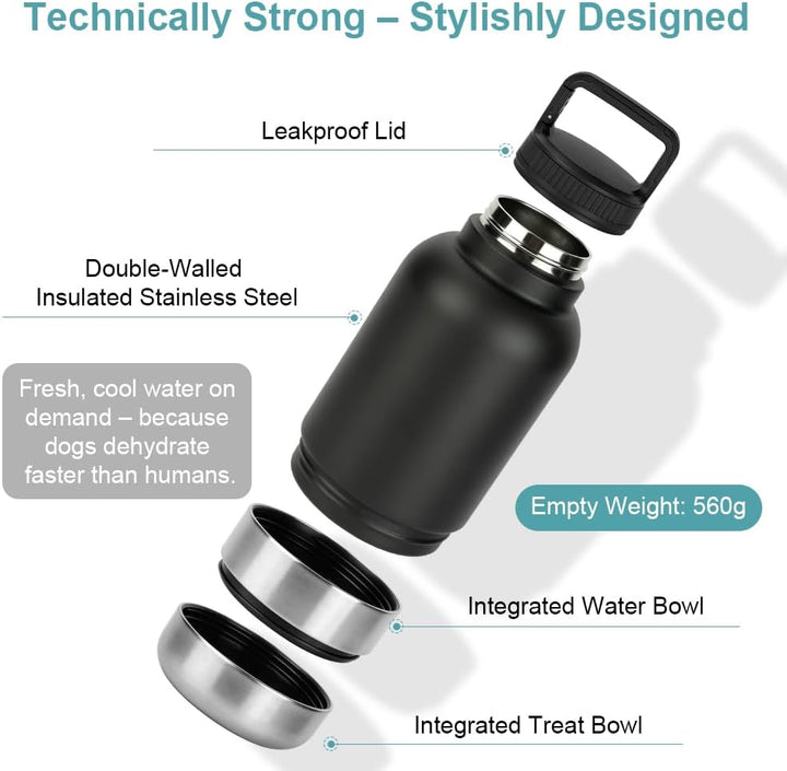 HOTUT Trinkflasche Hunde für Unterwegs 1000ml, 3 in 1 Wasserflasche mit 2 Futternapf, Isolierte Edel