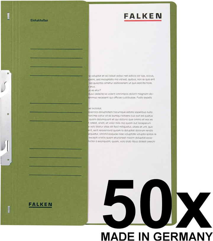Original Falken 50er Pack Einhakhefter. Made in Germany. Aus Recycling-Karton mit halbem Vorderdecke