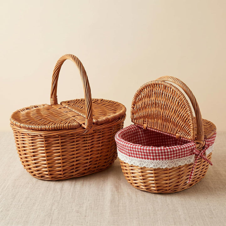Picknickkorb mit Deckel, grosser Weidenkorb mit henkel und Liner,34x23x17cm