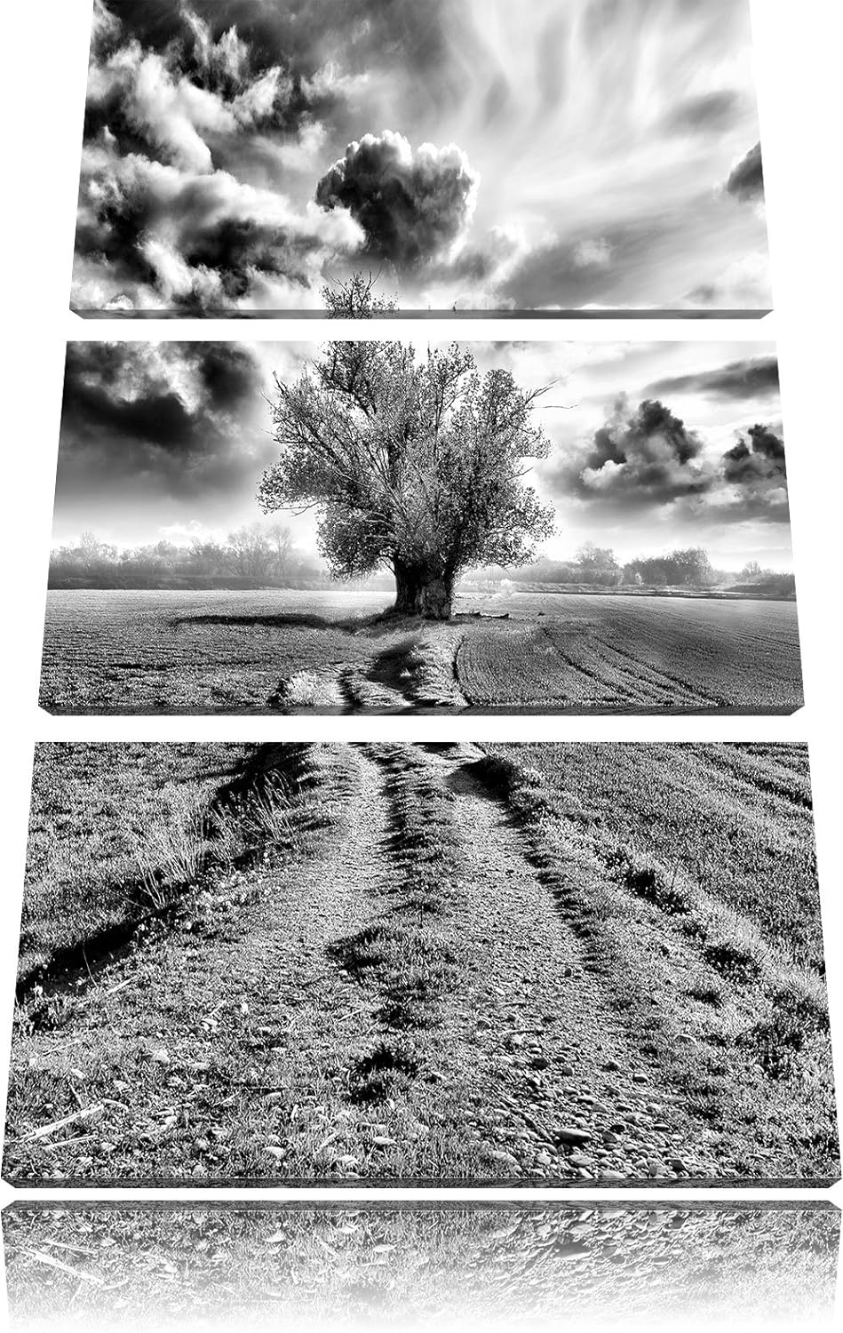 Pixxprint Pinkes Feld mit pinkem Baum als Leinwandbild/Grösse: 3 Teilig (120x80) cm/Wandbild/Kunstdr