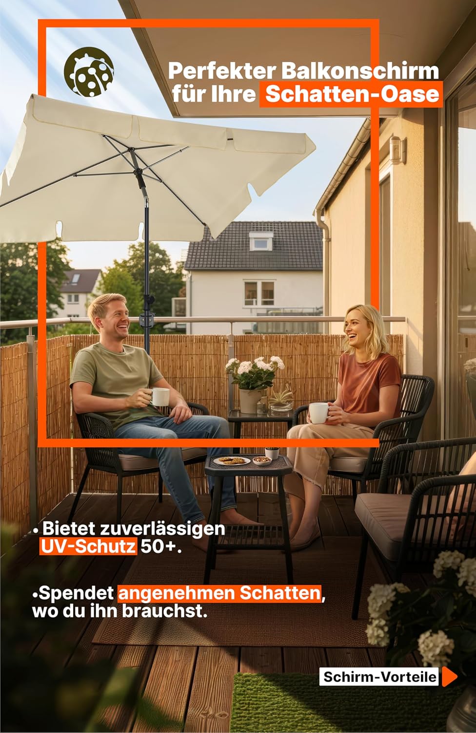 4smile Sonnenschirm Balkon mit Kurbel, mit Schutzhülle, Sonnenschirm rechteckig 200x125 cm, Sonnensc