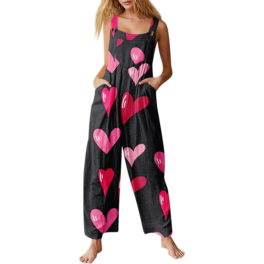 Valentinstag Jumpsuit Für Damen Herz Gedruckt Lässiger Ärmelloser Latzhose Locker Strampler Mit Tasc