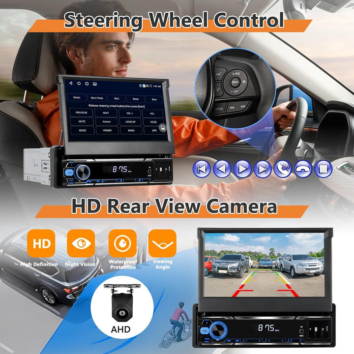 Single Din 4GB+64GB Autoradio mit kabellosem CarPlay Android Auto, 7" Flip Out 1 Din Car Stereo mit