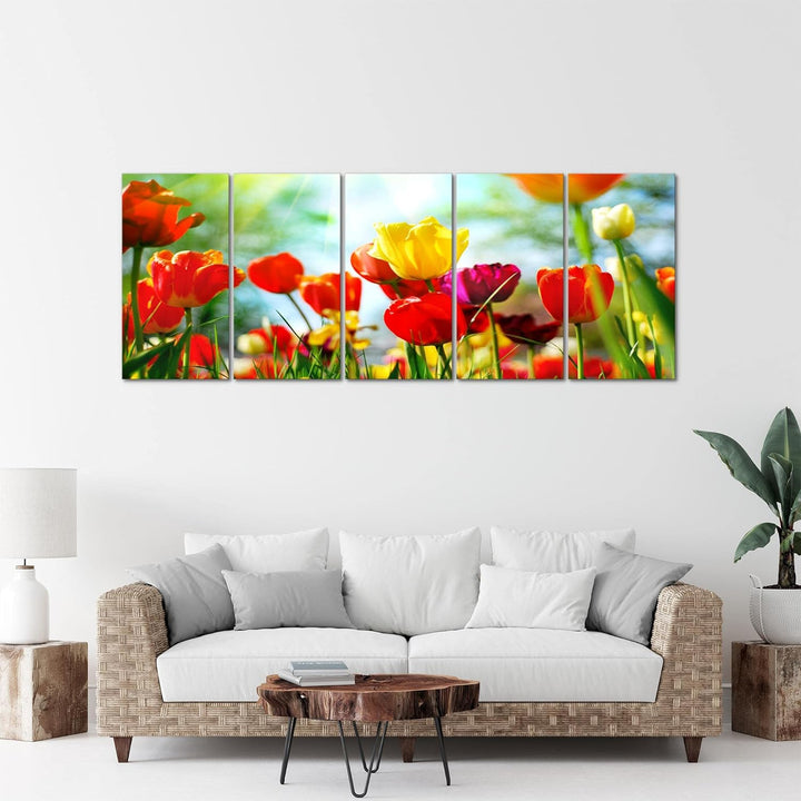 Runa Art Wandbild XXL Blumen Tulpen Wohnzimmer Schlafzimmer 200 x 80 cm Bunt 5 Teilig - Made in Germ