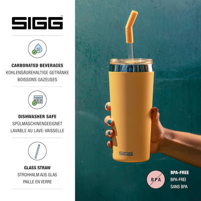 SIGG - Isolierbecher - Travel Mug Helia - Mit wiederverwendbarem Glastrinkhalm & Reinigungsbürste -