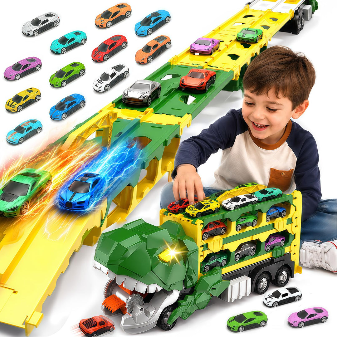 2-in-1 Dino Transporter Truck mit 12 Spielzeugautos 164.5 cm Rennstrecke | Ausklappbares Dinosaurier