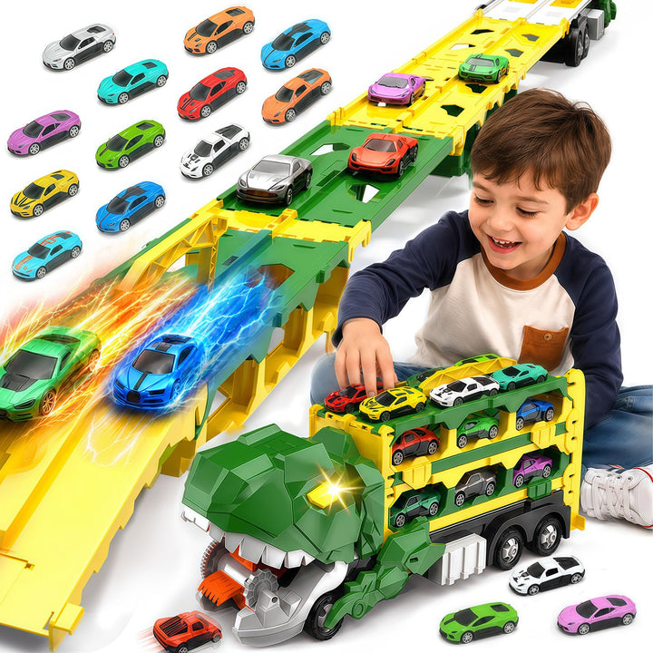 2-in-1 Dino Transporter Truck mit 12 Spielzeugautos 164.5 cm Rennstrecke | Ausklappbares Dinosaurier