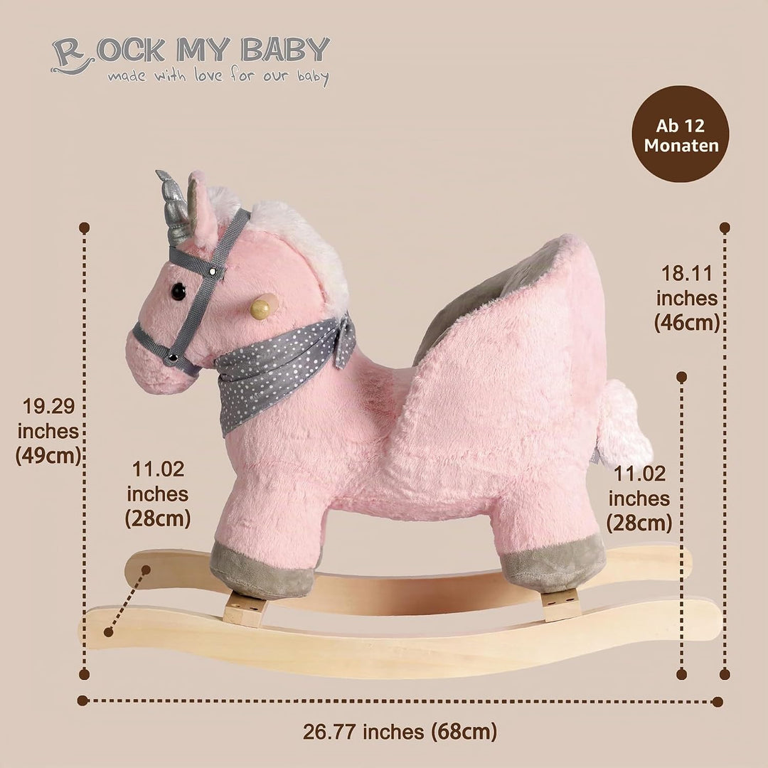 Plüsch Rocking Horse - weicher gefüllter Körper, Sicherheitssitz Stuhl, Holz Rockers, Musikknopf - K
