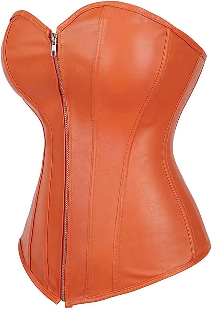 Josamogre Leder Korsett Top Damen Corsage Reissverschluss Sexy XS Orange, XS Orange