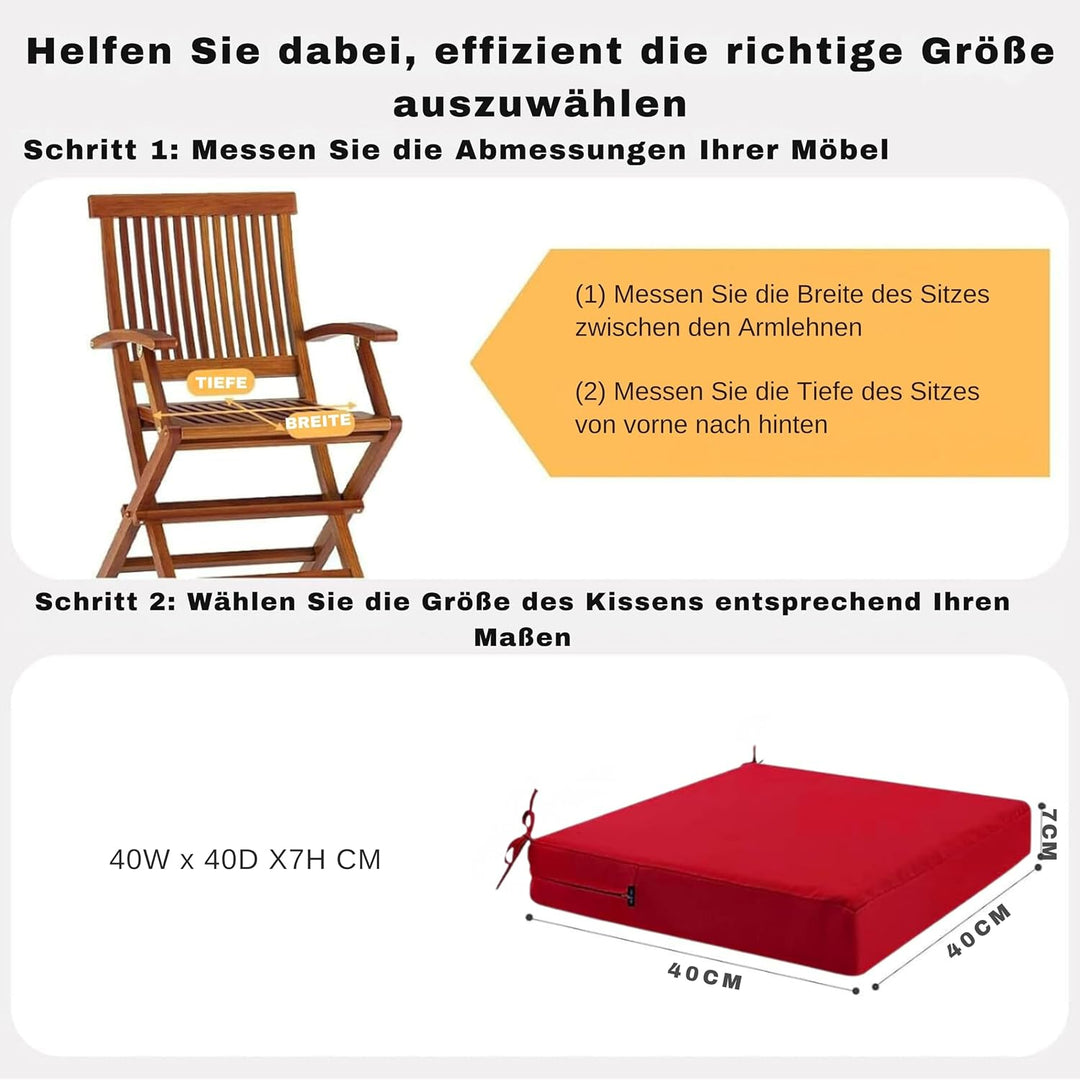 Outdoor Stuhlkissen 40x40, 2er Set mit Bändern, Rot Rot 40 x 40 x 7 cm, Rot 40 x 40 x 7 cm
