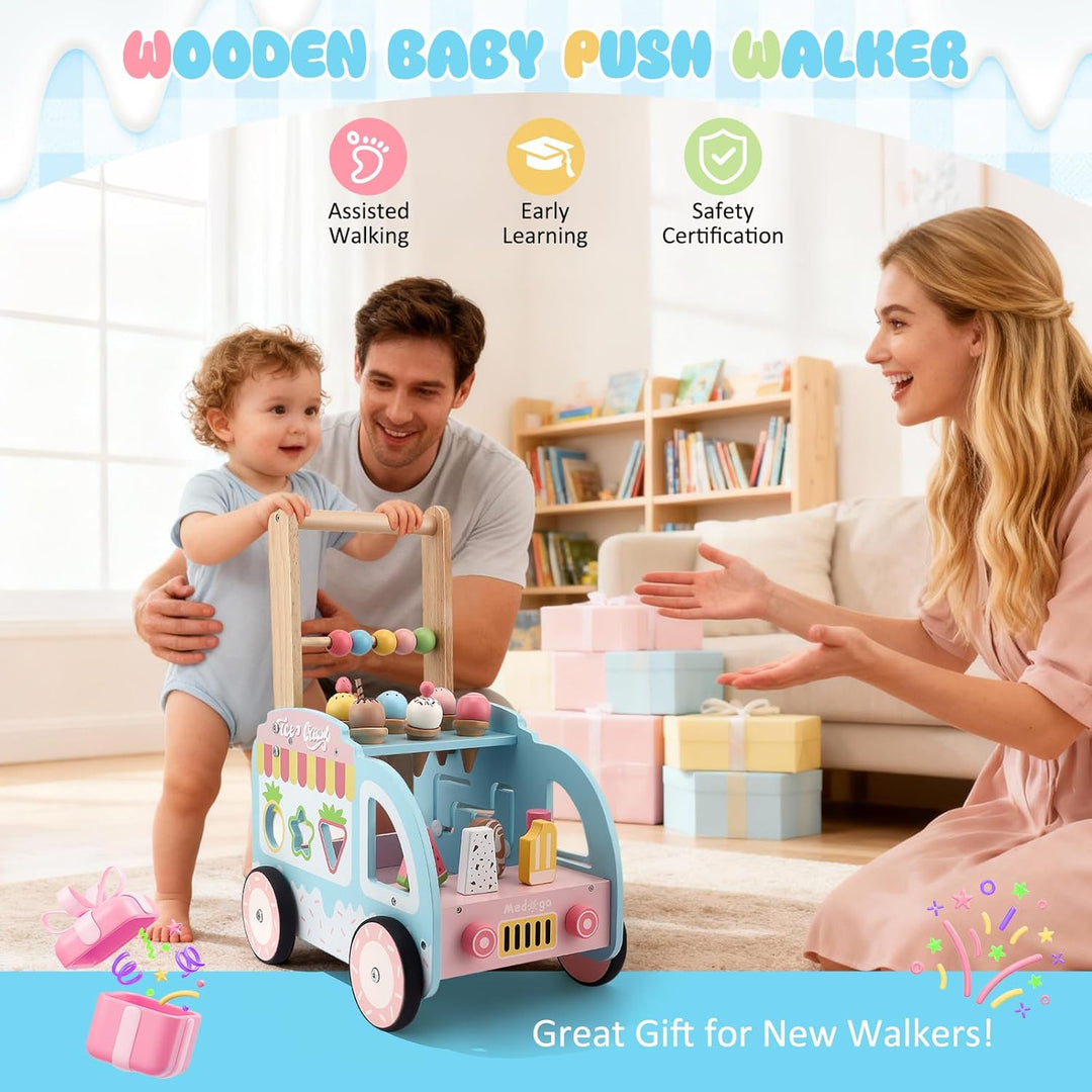 Lauflernwagen Holz, Lauflernwagen im Eiswagen-Thema mit Rädern, Lauflernhilfe Montessori Spielzeug M