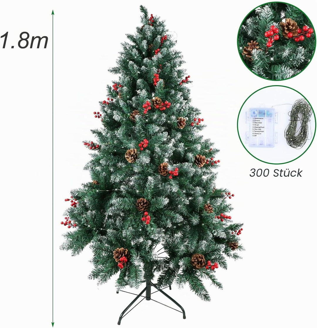 himaly Weihnachtsbaum künstlich 180 cm mit Schnee und 15m Lichterkette 300LEDs, Material PVC/PE, 720