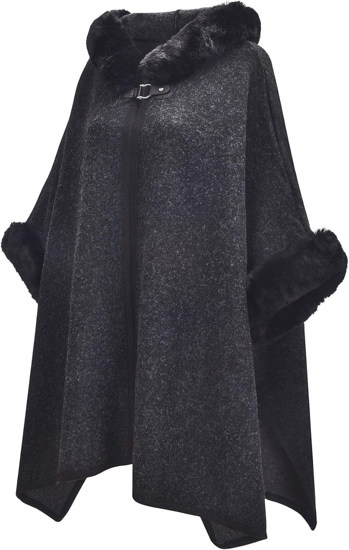 ZLYC Damen Winter Umhang Strickjacke Warm Kunstpelz Mäntel Poncho Cape mit Kapuze Einheitsgrösse Sch