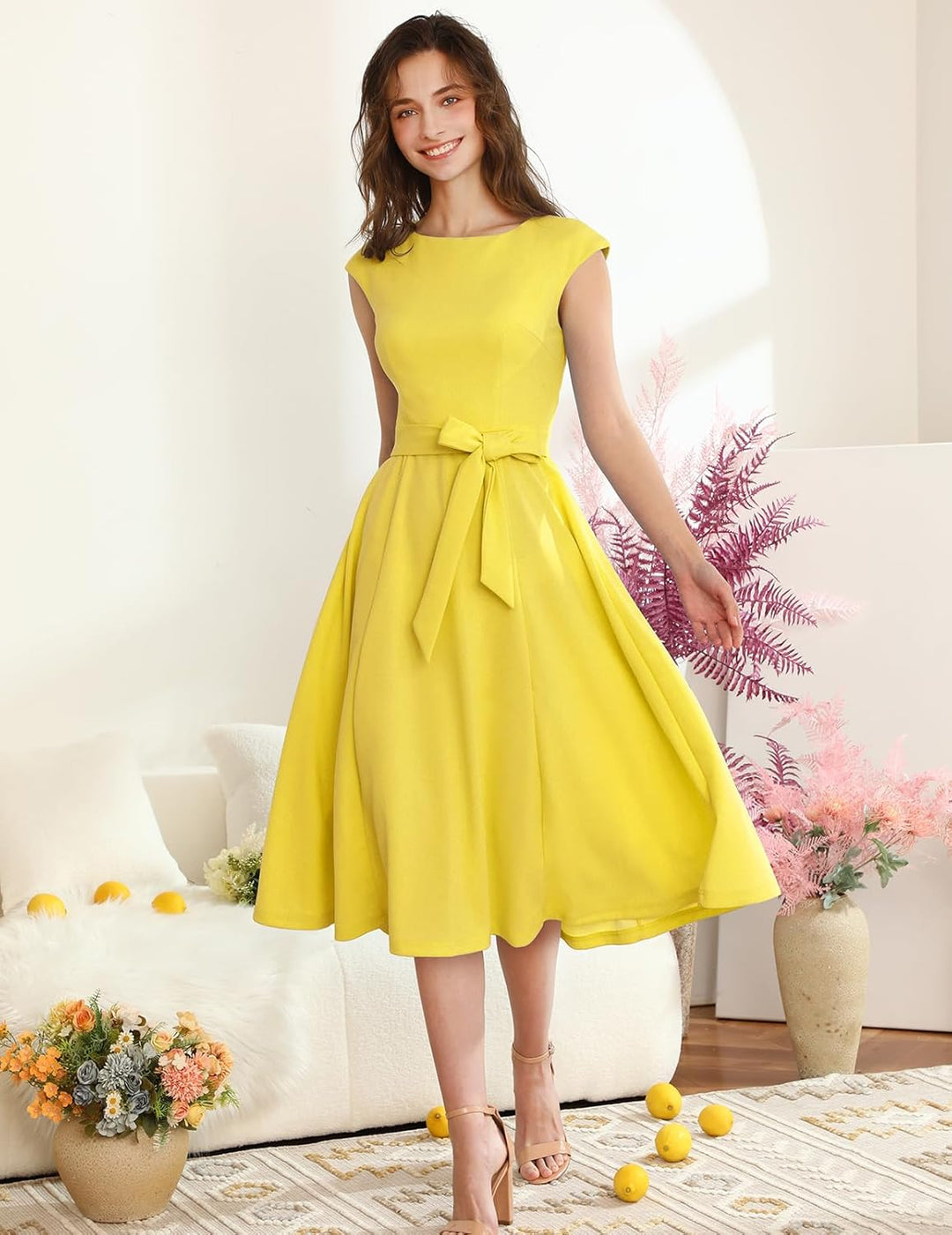 DRESSTELLS Damen Vintage Retro 1950er Cocktaikleid A-Line Swing Festlich Midilang Kleid Gelb M, Gelb