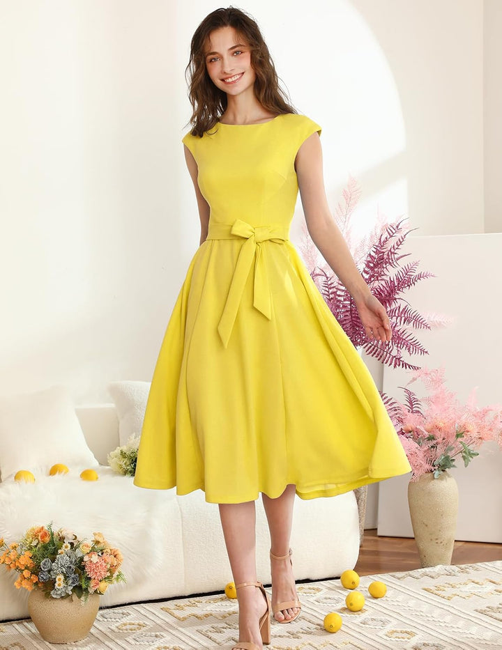 DRESSTELLS Damen Vintage Retro 1950er Cocktaikleid A-Line Swing Festlich Midilang Kleid Gelb M, Gelb