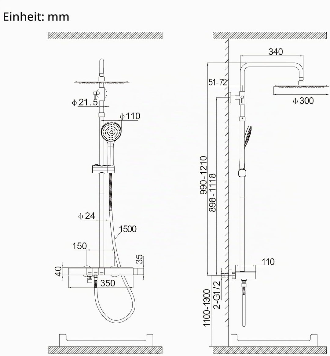 HOMELODY Duschsystem mit Thermostat und Glasablage, Duscharmatur Komplettset mit 30cm Kopfbrause, Hö