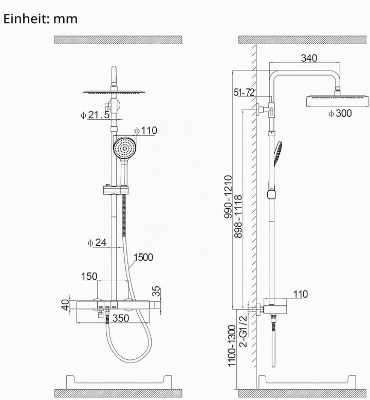 HOMELODY Duschsystem mit Thermostat und Glasablage, Duscharmatur Komplettset mit 30cm Kopfbrause, Hö