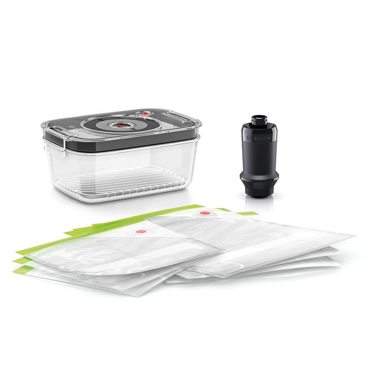 Bosch Vakuum-Frischhalteset MSZV6FSG1, Vakuumpumpe, 1,2l Vakuum-Glasbehälter, Vakuum-Zipperbeutel (