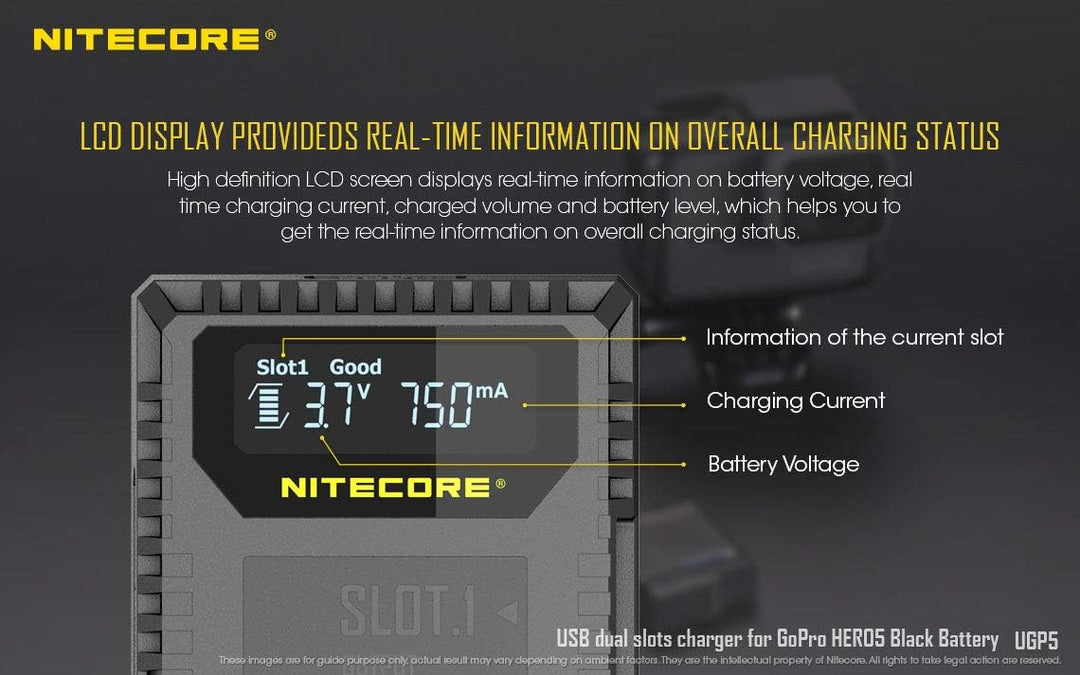 Nitecore UGP5 Dubbele Lader voor GoPro Hero5/Hero6/Hero7 Accu + Indicator + USB