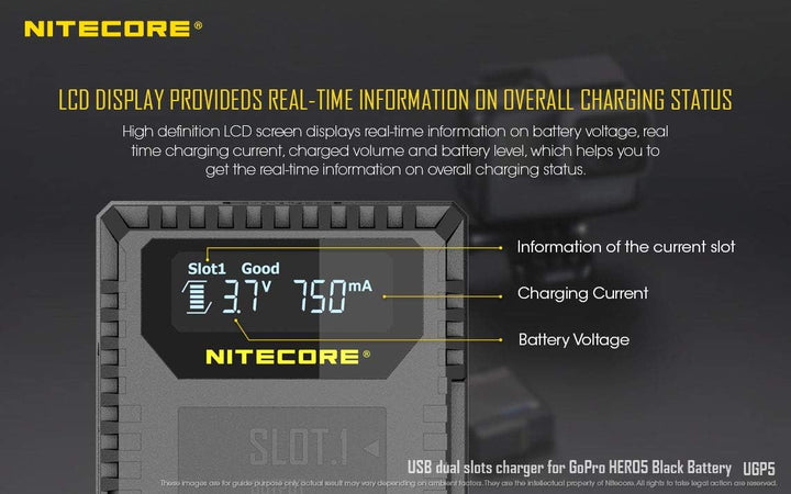 Nitecore UGP5 Dubbele Lader voor GoPro Hero5/Hero6/Hero7 Accu + Indicator + USB