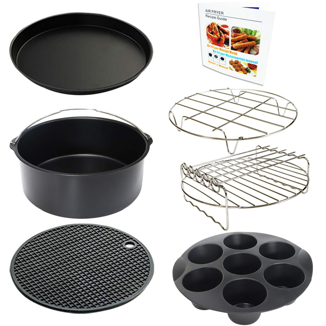 22CM Heissluftfritteuse Zubehör XL 7 Stück mit Cupcake-Pfanne, Pizzapfanne, Silikon-Backbecher, Reze