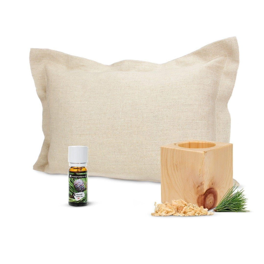 Bio Zirbenkissen - 22x34cm - mit ZirbenWürfel Set und 10ml Bio Zirbenöl - ca. 7x7x8cm