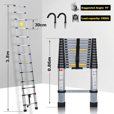 Randaco Teleskopleiter mit Abnehmbarem Haken, 3,8M Ausziehbare Leiter, Rutschfester Aluleiter Stehle
