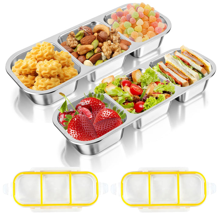 Snackbox mit Fächern, 2 Stück Edelstahl Snackbox Kinder mit 3 Fächern, BPA-frei Brotdose Kinder für