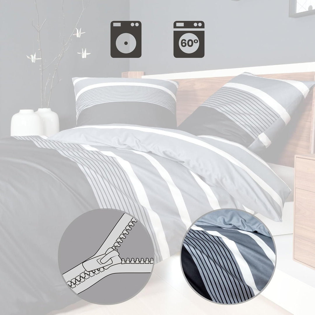 Janine Satin-Bettwäsche J.D. Silber-schwarz 155 x 200 cm + 80 x 80 cm