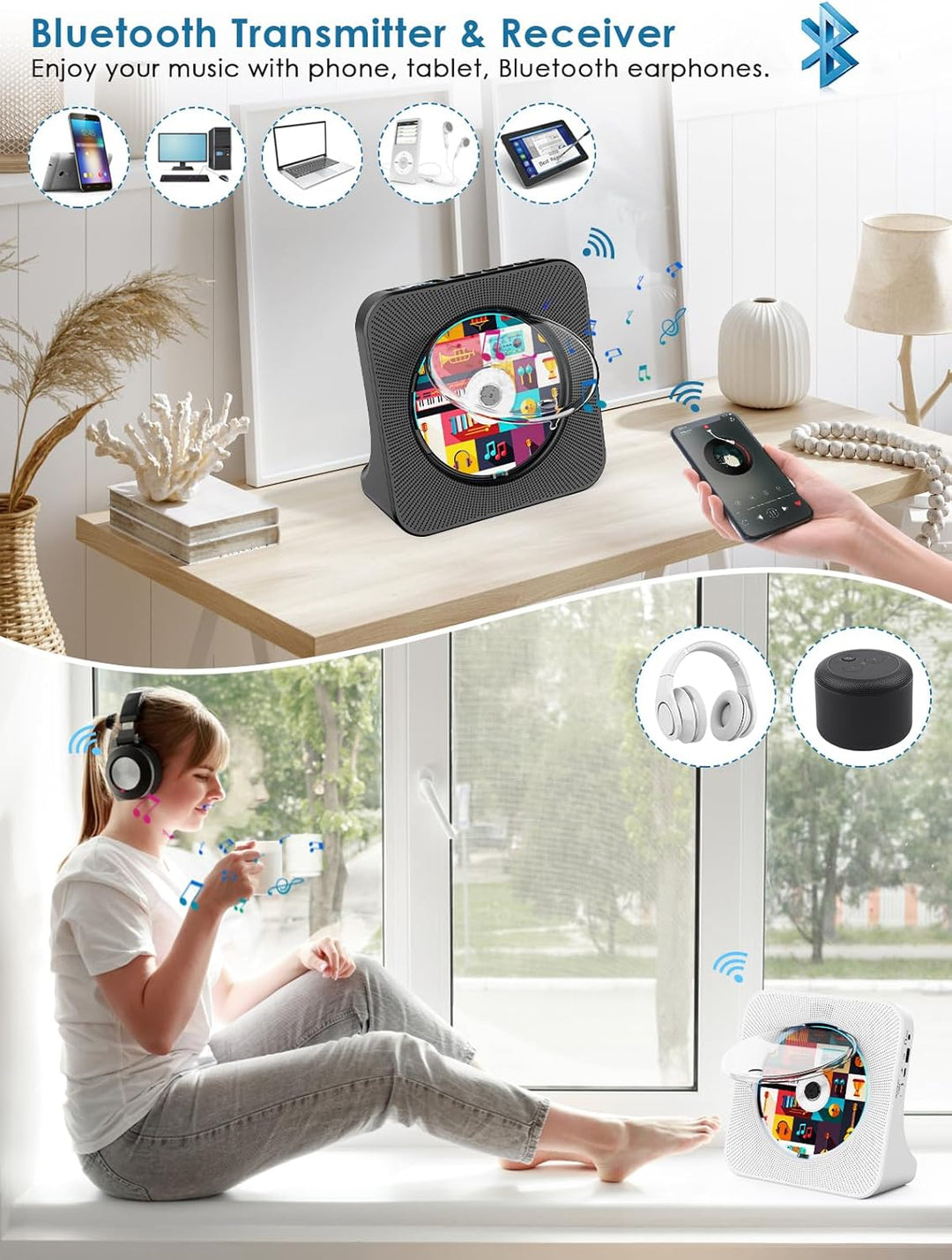Gueray CD Players Bluetooth CD-Player mit Lautsprecher Unterstützt Fernbedienung Anzeige FM Radio mi