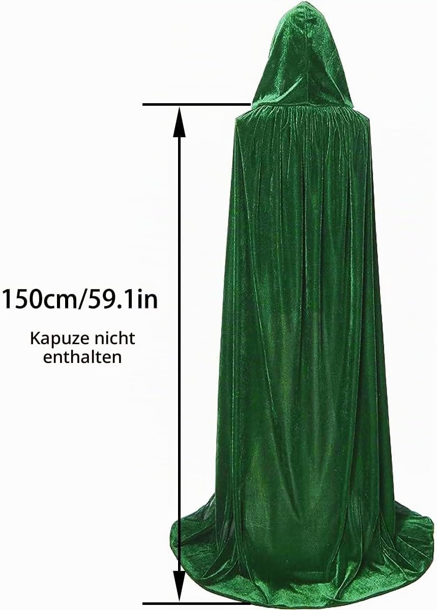 Winwild Grüner Samt Umhang mit Kapuze,150CM Samt Cape Vampir Kostüm Damen Herren Erwachsener für Kar