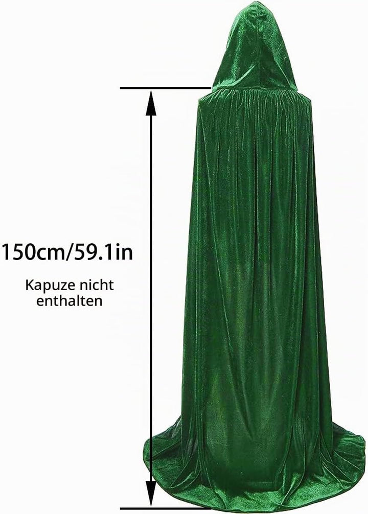 Winwild Grüner Samt Umhang mit Kapuze,150CM Samt Cape Vampir Kostüm Damen Herren Erwachsener für Kar