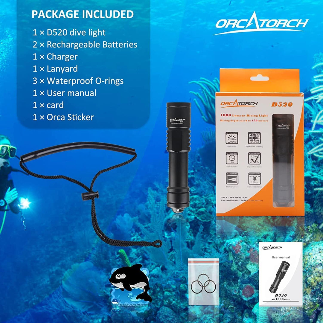 ORCATORCH D520 Tauchlampe 1000 Lumen Tauchen Taschenlampe Mechanische Kopfdrehung EIN/AUS LED Tauche