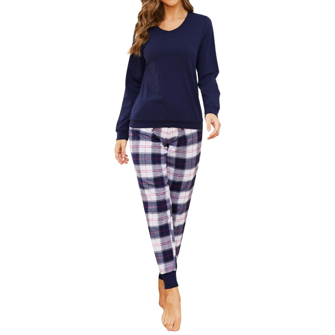 Mnemo Schlafanzug Damen 100% Baumwolle Bequemer Pyjama Damen Baumwolle mit Karomuster S Blau & Weiss